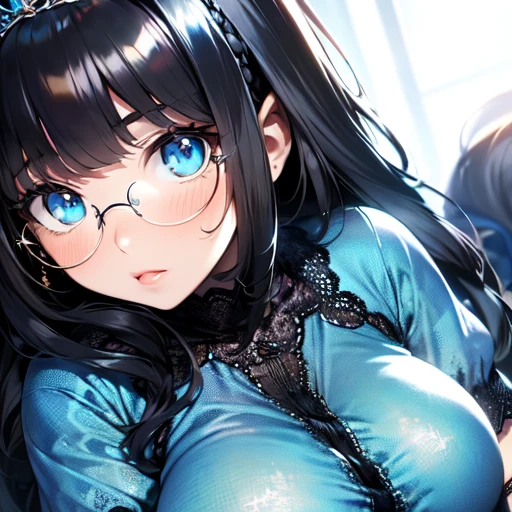 1 girl, full body, dark long hair, glowing blue eyes, glasses, yukata, parted lips, big breast, blush, midnight, hyper-detailed, high quality, 8k, photorealistic, professional digital painting, dramatic lighting, vibrant colors, intricate details, serene atmosphere, natural environment, ethereal, dreamy