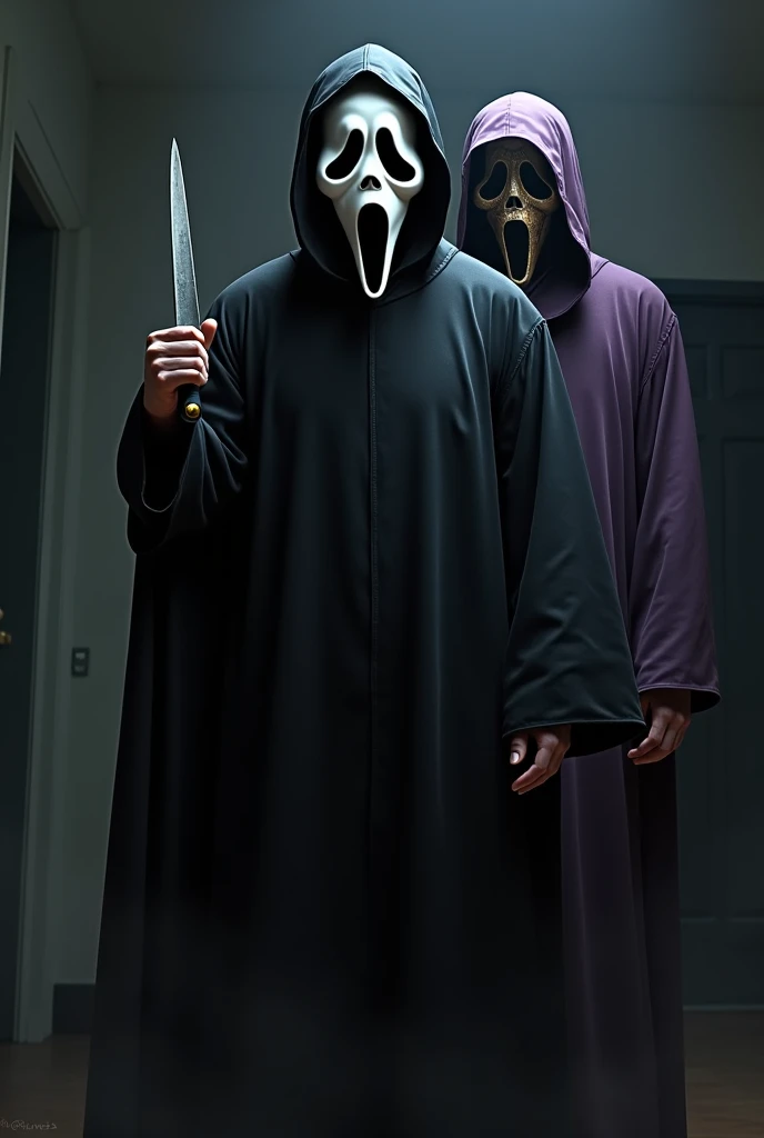 In a blood-splattered living room, three figures clad in the iconic black robes and white masks of the Ghostface killers emerge from the shadows, their menacing forms arranged in a chilling triangular formation. Each figure, representing a distinct identity from the Scream franchise, exudes an aura of terror and foreboding. While they share the same attire, their postures and knife grips subtly differ, hinting at their unique personalities and motivations. The scene is bathed in dramatic, high-contrast lighting, casting deep shadows that accentuate the figures' menacing presence. Rendered in a hyperrealistic style, the image captures the intricate details of the costumes, from the textured fabric of the robes to the weathered surfaces of the masks. The overall effect is a hauntingly surreal tableau that encapsulates the essence of the Ghostface legacy.