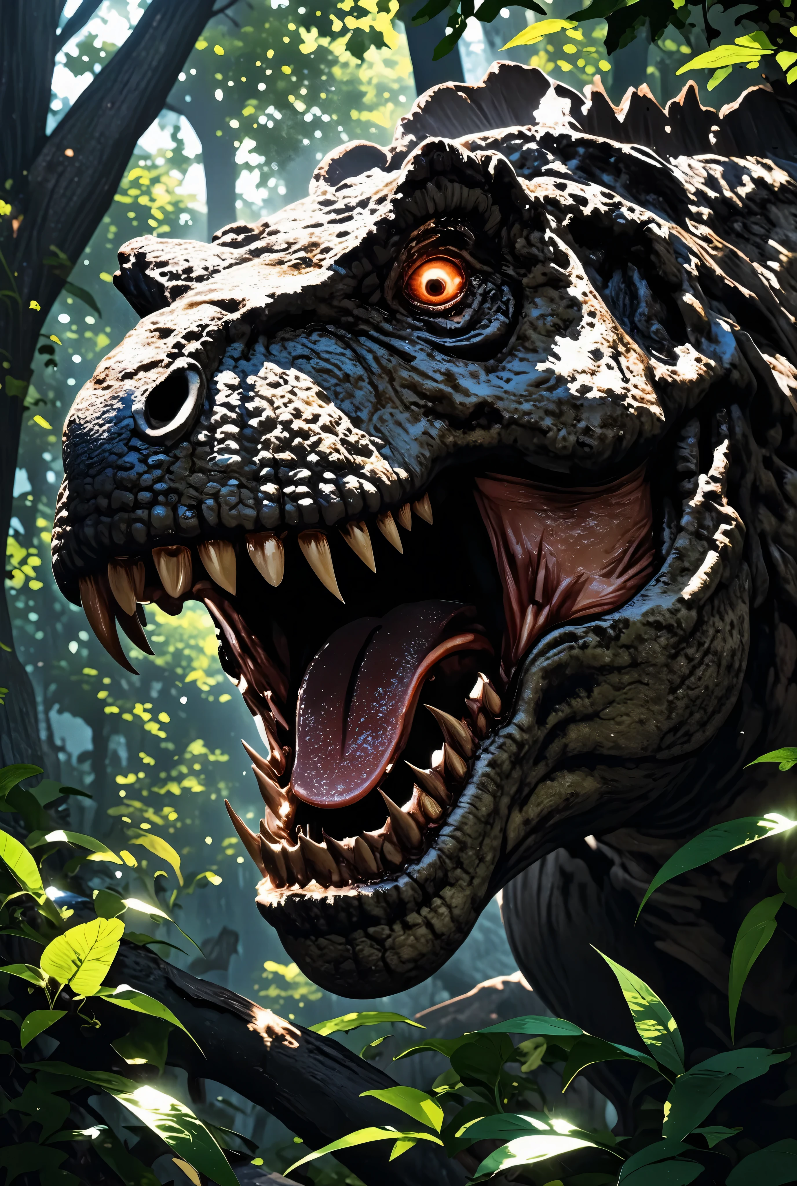 roaring expression , tyrannosaurus dinosaur, detailed skin texture in one tape, natural prehistoric forest, scattered trees々and leaves, daylight, Light from above and behind, moon visible in the sky, Dramatic Shadow, wild and ancient atmosphere, low angle, sharp focus on the subject, vibrant nature colors, digital rendering