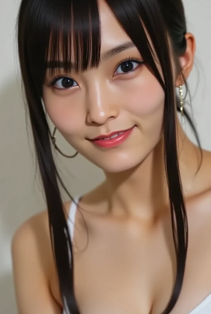 ollarbone,black t-shirt,off-shoulder look,bare shoulder,midriff peek,Denim mini skirt,open mouth,tongue out,cum on tongue,standing,Selfie,looking ahead,from above,flont view,upper body,(1girl,Beautiful 14 year old girl),((Slender,Small breasts,Small face,)),looking at viewer,Black Hair,bangs,one side up,Beautiful and detailed,Mischievous smile,Dimly lit room,Simple Background,Black background,Low lighting
