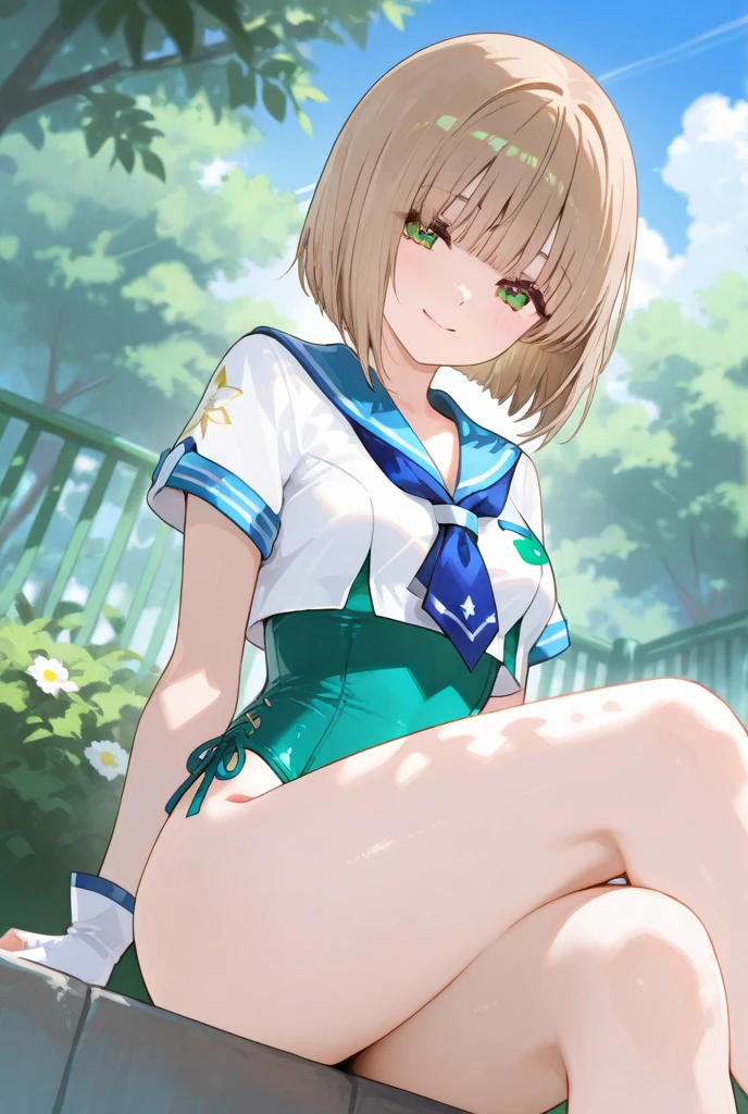 (masterpiece, best quality, detailed), 1girl, solo, full body, dutch angle
BREAK kazama iroha, hololive, blue eyes, ponytail, medium hair, smile
BREAK outdoors, sitting, bench
