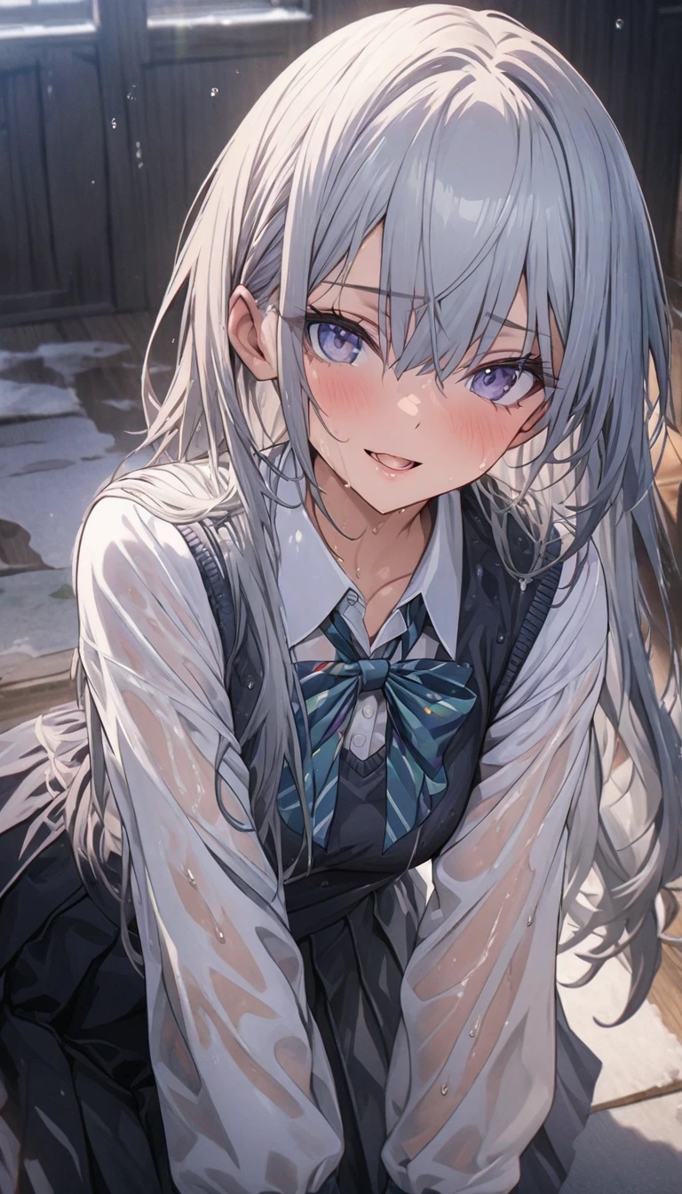 Solo Girl,、Lori、Girl ,From the side,Long Hair, Silver Hair, Bright Blue Eyes, Mid-chest,Red bow tie, Dark blue pleated skirt, Long sleeve shirt, Dark Blue Vest, Outdoor, Flowing Wind, 最high quality, High resolution, Very detailed, Detailed Background, Perfect lighting、masterpiece、Best image quality、最high quality、girl , (cryin,)、((Scared)) , masterpiece, Anime art style, Cute Characters, Most detailed, high quality、(((cry)))、(missionary, 1boy, penis, lying, vaginale, ass pov, spread legs, Sex, nsfw)、nose blush、steam、Shiny Hair、Very fine and beautiful bright eyes、Very detailed, clear and beautiful face, Awards, Anatomically correct、((missionary position,man on top, spread legs))、((Scared))