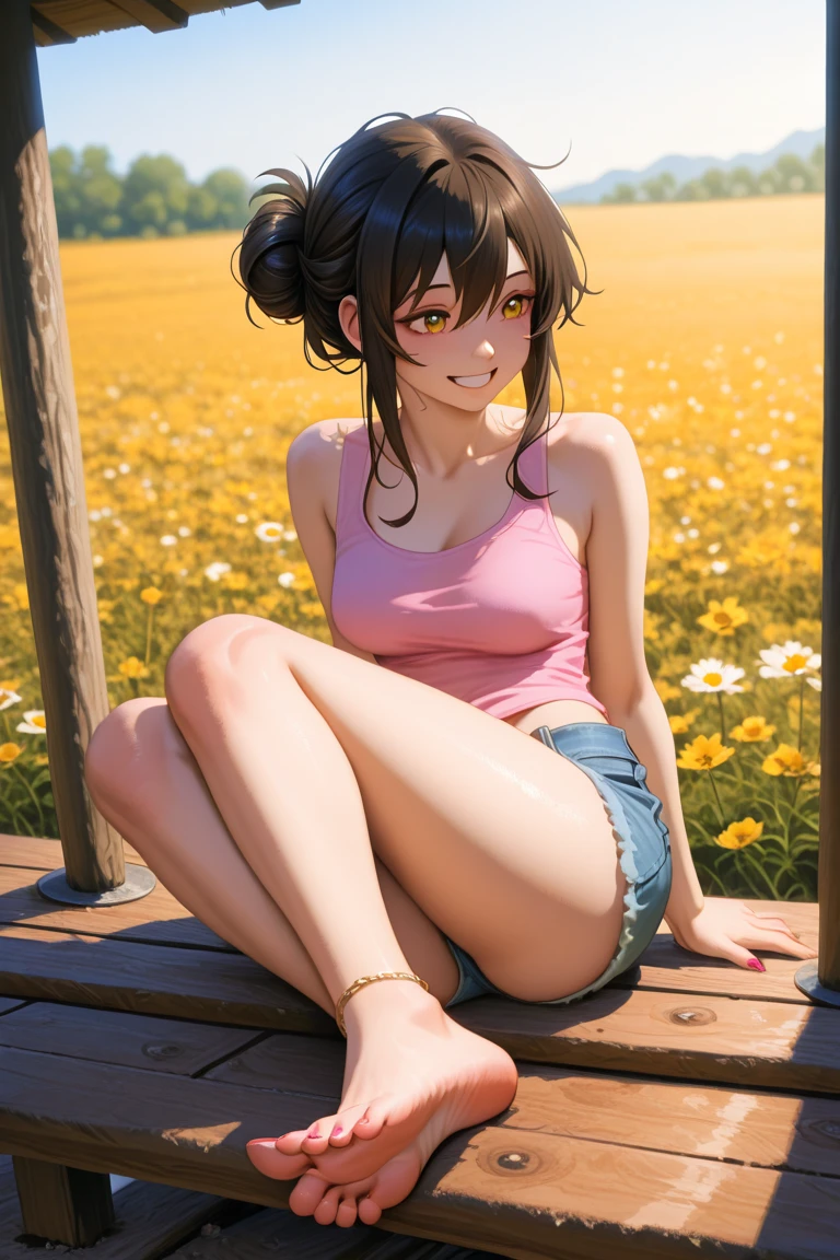 ((Simon Bisley)), ((Best quality)), ((masterpiece)), ((realistic)), ((beautiful female model)), (lingerie:1.4), (instagram model:1.4), (lingerie magazine cover:1.4)) - As the sun sets on a blooming spring landscape, a mesmerizing lingerie model graces the scene. Her hazel eyes sparkle with mischief, matching the vibrant flowers surrounding her. Adorned with a sleek bob haircut, she confidently showcases her muscular physique in a seductive and alluring costume. The vivid colors of spring serve as a striking backdrop, creating a captivating and vibrant scene on eye level, scenic, masterpiece., Thick body,((Sexual suggestiveness)),Seductive smile,high-heels, (naughty smile:1.1), very wide hips, thin waist, , sex slave, (female:1.1), (very short hair:1.1), detailed lingerie, very detailed lingerie, (pubic hair visible through clothing:1.1), (female pubic hair:1.5), (detailed pubic hair:1.1), (very detailed pubic hair:1.1)