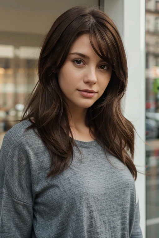 1Girl 24 years old, nur, Lange Haare, midsize , Blick auf den Betrachter, ultra-strukturierte Haut, dark brown hair, bangs, nackte Schultern, graue Augen, Schmuck, full entire body, Halskette, schulterfrei, pullover, lips, realistisch, Nase, Flirten mit der Kamera