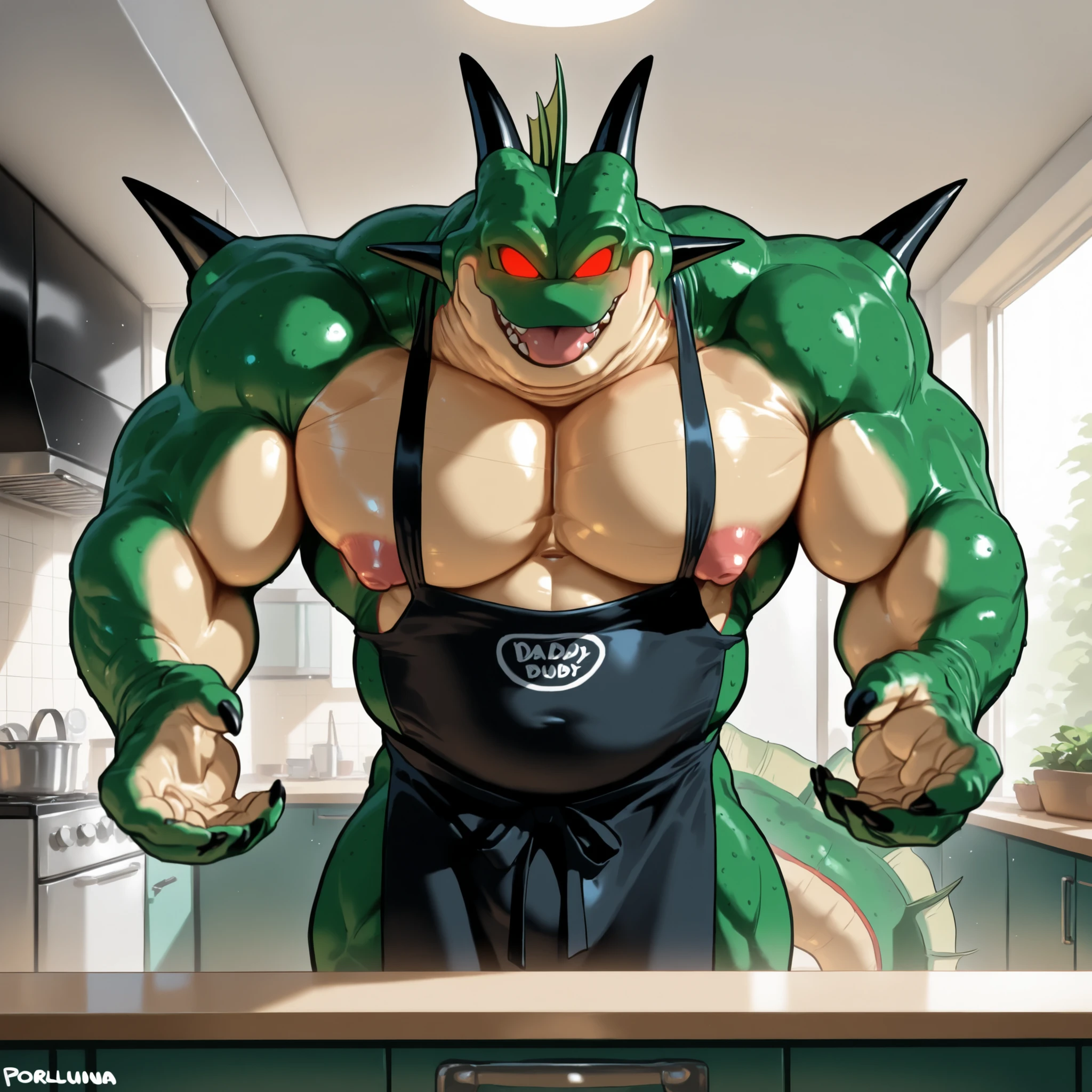 anime, good artist, 1boy, Huge muscular crocodile with very long and hyper penis and big balls the penis bigger than his body, cum in bucket, up penis, blowjob, cum, cum on face