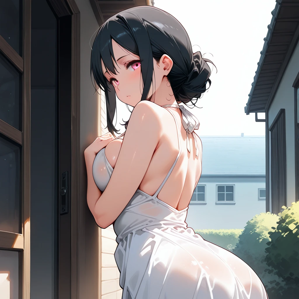 (masterpiece:2.0), (Highest quality:2.0), (Very short length dress with white tube top made of towel with very large slits:1.5), (View from behind:1.5), (Perfect shoulder exposure:1.5), (Perfect nape exposed:1.5), (Super sexy pose:1.5), (Blushed:1.3), (Upper body naked:1.3), (Realistic:1.5), 1 , Precision small needle, Embarrassed look, A light smile, Open your mouth, Very cute girl, Innocent face, Young Face, Clear Eyes, Shining Eyes, I can see your shoulders, Small breasts, I can see your thighs, No pubic hair, Dynamic pose, Beautiful Skin, Ultra high definition, Highest Resolution, Japanese high school students, Brown Hair,(Nipples),Slightly larger breasts,dynamic super close-up、Realistic,Spreading your legs and showing them)
