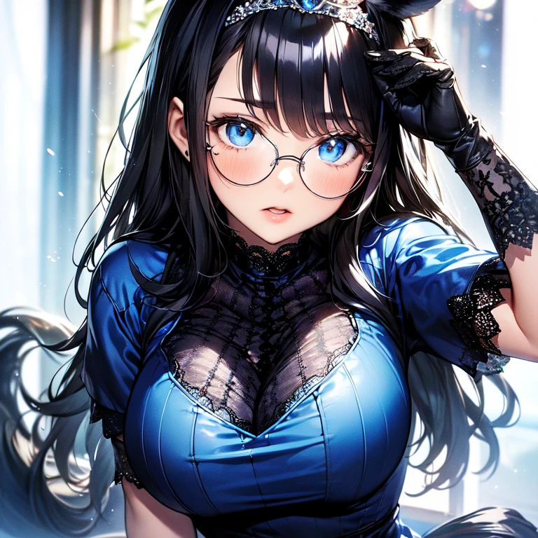 Cute girl, glasses, business suit, (photoPractical:1.4), (masterpiece, Side Light, Delicate and beautiful eyes: 1.2), Dynamic poses, masterpiece*portrait, Practical, 3D Face, Glowing eyes, Shiny black hair, Glowing skin, Solitary, (diaphragm), Extra long curly hair, Smile, From the blow, (masterpiece), best quality, from below, necklace, earrings,Full breasts, (Large Breasts:1.7), Cleavage, in the streets