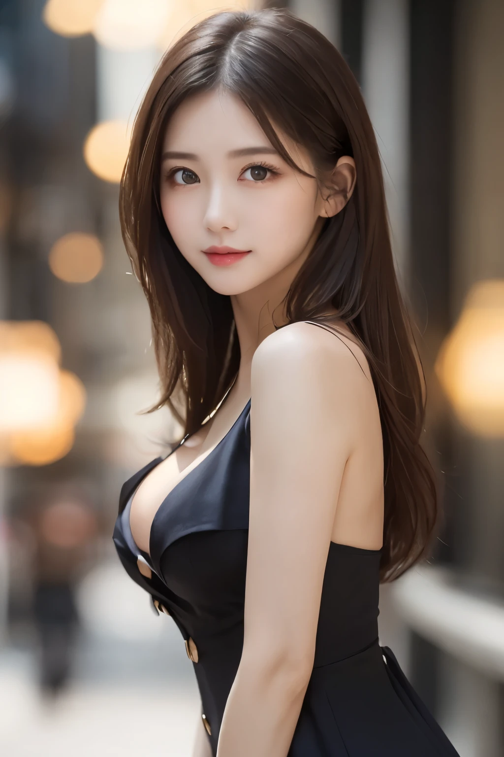 (Realistic, Photorealistic: 1.37), (Masterpiece, Best Quality: 1.2), (Ultra High Resolution: 1.2), (RAW Photo: 1.2, shots on Nikon), (Sharp Focus: 1.3), (Face Focus: 1.37), (Ultra Detailed CG Unified 8k Wallpaper: 1.2), (Beautiful Skin: 1.2), (pale Skin: 1.3), (Hyper Sharp Focus: 1.5), (Ultra Sharp Focus: 1.5), ( Beautiful pretty face: 1.3), (super detailed background, detail background: 1.3), break, very cute and beautiful Japan pictures of woman, (sexy model), professional attire, (22 years old: 1.1), portrait of a girl with a bright smile, upper body image, When viewed from the front, the composition is symmetrical, (Studio lighting: 1.3), (Cinematic lights: 1.3), (backlight: 1.3), dim lighting, lighting that covers the whole body, (looking straight at you, standing:1.3, arms down:1.3, random, model pose), break, (shiny-brown half up thin hair: 1.2), dark brown eyes, upturned eyes, beautiful eyes, princess eyes, ((brown hair:1.3)), single hair, bangs, Hair between eyes, Long hair, curby, abs, perfect abs, (gigantic-breast;1.37, big breast:1.37, big cleavage:1.37), (thin waist: 1.15), (detailed beautiful girl: 1.4), (bare shoulder, Chest squeezed together, View viewer, (blue camisole:1.3, black box-long-skirt:1.3, teacher fashion style, attractive look), Solo, Parted lips, pink lips, (shiny skin), sweat, (school room background:1.5), (light seductive smile:1.25), ((Perfect Female Body)), (Upper Body Image:1.3), Frame the Head, Perfect Anatomy, Perfect Proportions, 8.5 Life-Size, Face Focus, Ultra Realistic Photo, Hyper Sharp Image, Hyper Detail Image,