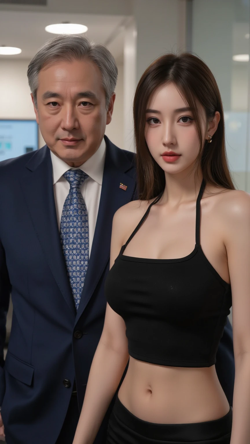 (masterpiece), best quality, (((old man in suit holds nude naked young teen girl))) who has angry face and and ((green eye)) and breast and nipple and vagina and short brown hair and earring and wristwatch and necklace , classroom setting, luggage in background, crowd of male students in the background, man with tv camera in the background,
