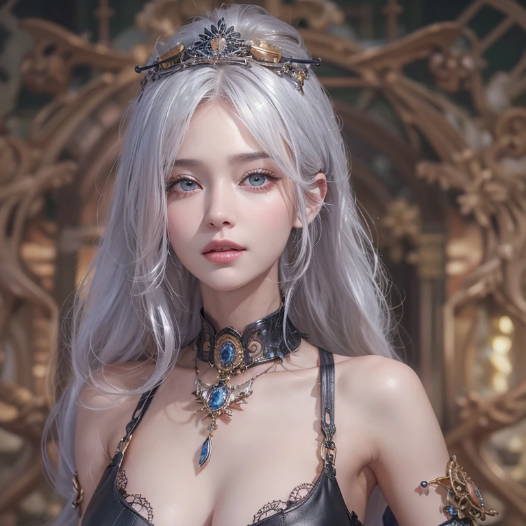 photorealistic, high resolution, 1women, solo, hips up, look at viewer, (detailed face), white hair, sorcerer, casting spell, jewelry, tattoo