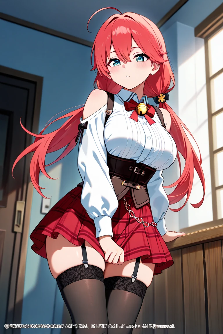 (masterpiece, best quality), intricate details,
1girl, <lora:CHAR-SakuraMiko:0.8> MikoCasual, ahoge, low twintails, jingle bell, collared shirt, corset, red skirt, black thighhighs, garter straps, bow, shoulder cutout,
<lora:gekioko_v250:1> from below, glaring, upskirt, pink panties, camel toe,