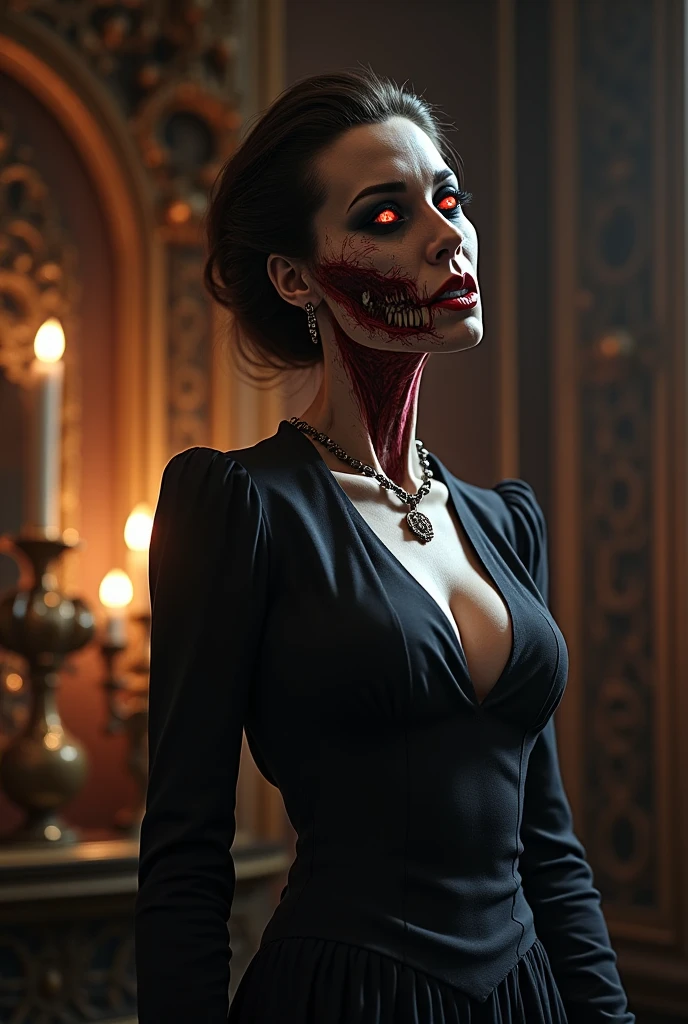 "(Best lighting, dark, dramatic),(Geisha skull spitting in red ink, scar,  sexy, brain, Blood, In the head, terrorism.),(Red eyes, Calaveras). Morning light.