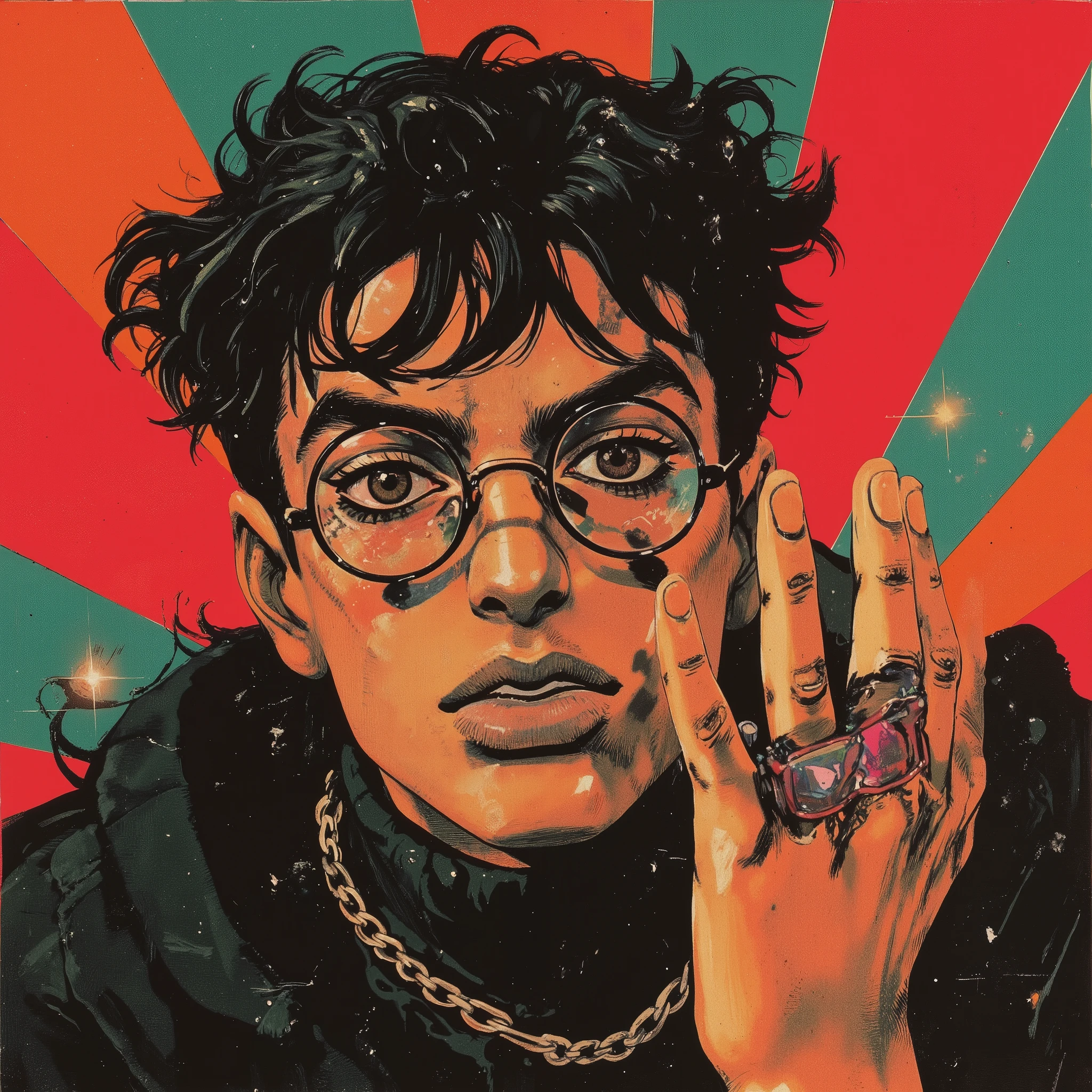 (masterpiece:1 . 2 , Premium Quality , Mirror Finish , cinematic experience , Best illustrations:2 . 0 ) , 8k , 16k , male model doing the JoJo pose , bizare jojo pose , exuding chaotic energy , Black hair , round glasses , brown eyes , perfect hand , five fingers , shaved temples , thick eyebrows , wearing a black turtleneck , silver chain around the neck , confident and intense expression , Hirohiko Araki , Traditional Art