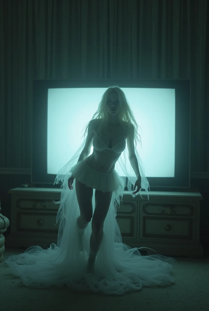 A female ghost seen through frosted glass