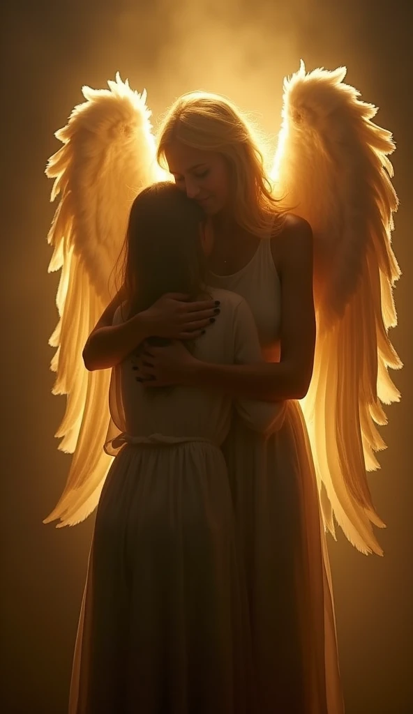 Image of a girl hugging her deceased grandfather in the shape of an angel. La imagen debe ser en formato dibujo. No real
