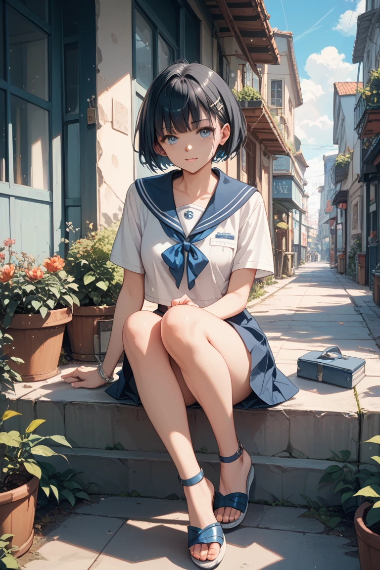 very cute and beautiful girl,(Very detailed美しい顔), (smile),blush,Black Hair,Seraphim,(White Shirt、Pleated navy blue pread your legs、Squat)、Sitting、(From below)、(Lacy white panties), Country road、Distant Tree々and the city, (Highest quality,masterpiece:1.0),Absurd,High resolution,Super detailed,Very detailed,32K,8k resolution, Intricate details,Movie Scenes,Detailed Background,alone,Dynamic Angle,
