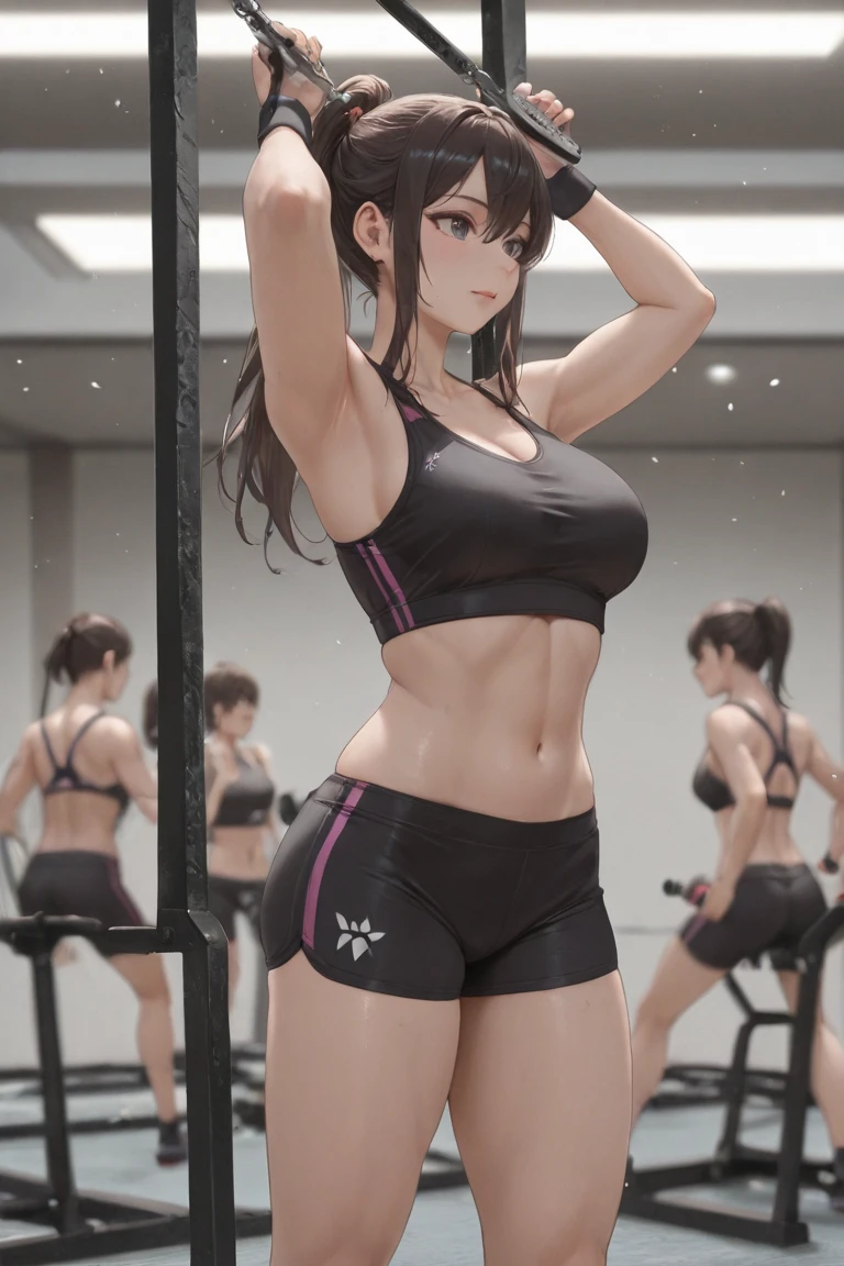 (8K，Ultra-detailed，Hyper photorealism，best masterpiece，nature，perfect work of art，perfect female body)，two cute girls，Standing in the gym wearing a tiny bikini，Female fitness trainer，Stylish hairstyle，Elegant and sexy weightlifter，sexy exposed forehead girl，Put on sexy vacuum fitness beauty，Built-in thong，big cleavage，Stretch the meat，Improve sex appeal，It&#39;s a violent house，Full body shots