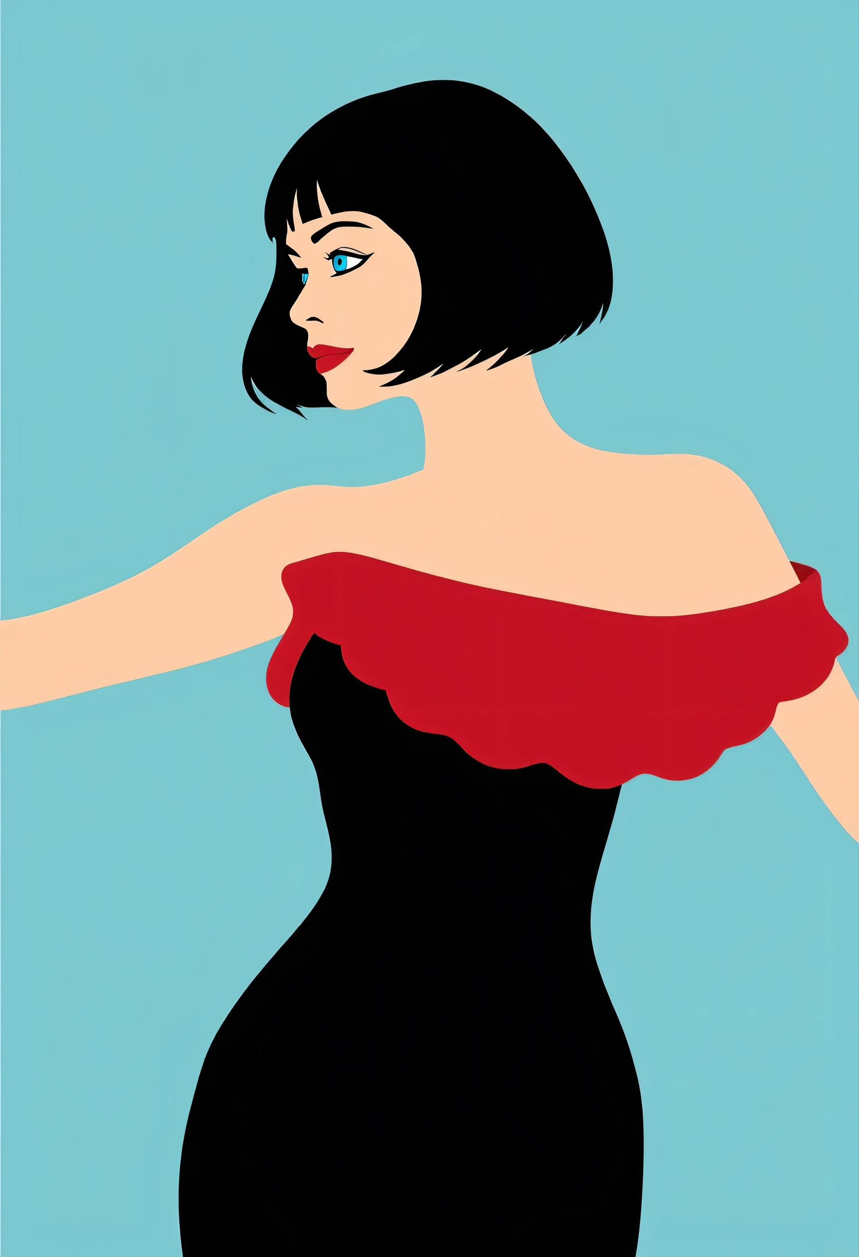 Aesthetically_Pleasant_Pose, 1Woman, Solo, Stencil, close up, A captivating simple Vector art of a black bob hair female wearing a stylish black jumpsuit. The jumpsuit features a red off-the-shoulder ruffle at the top, blue eyes, and a red lip, bare shoulders, blue background. Standing up, it’s a very minimalist simple vector illustration with minimal colors, upper body, looking at viewers, sexy smile, mouth closed, arms spread