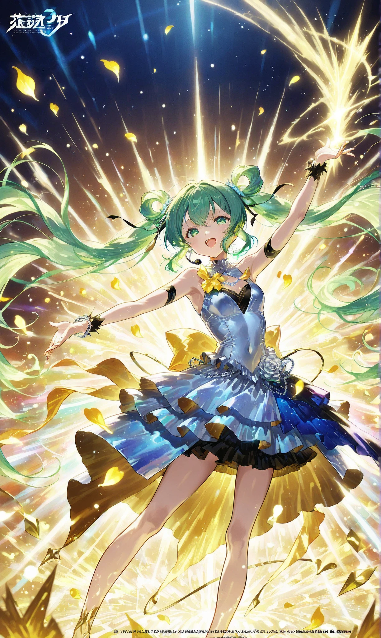 (anime:1.1), highest quality, table top,
1 girl, Lanka Lee,macross frontier Lanka Lee, green hair, short hair、bob hair,small breasts, blue eyes, mature woman, looking at the viewer, smile,Stage Performance, hot air,Idol style green kimono,White knee-high socks,jumping,,アイドルsinger standing in the center of the stage,アイドルsinger holding a microphone and singing, アイドルsinger'serious and powerful expression. singer''s voice is powerful and beautiful,fans gather around the stage, ファンはアイドルsingerと一緒に歌ったり踊ったりしています
