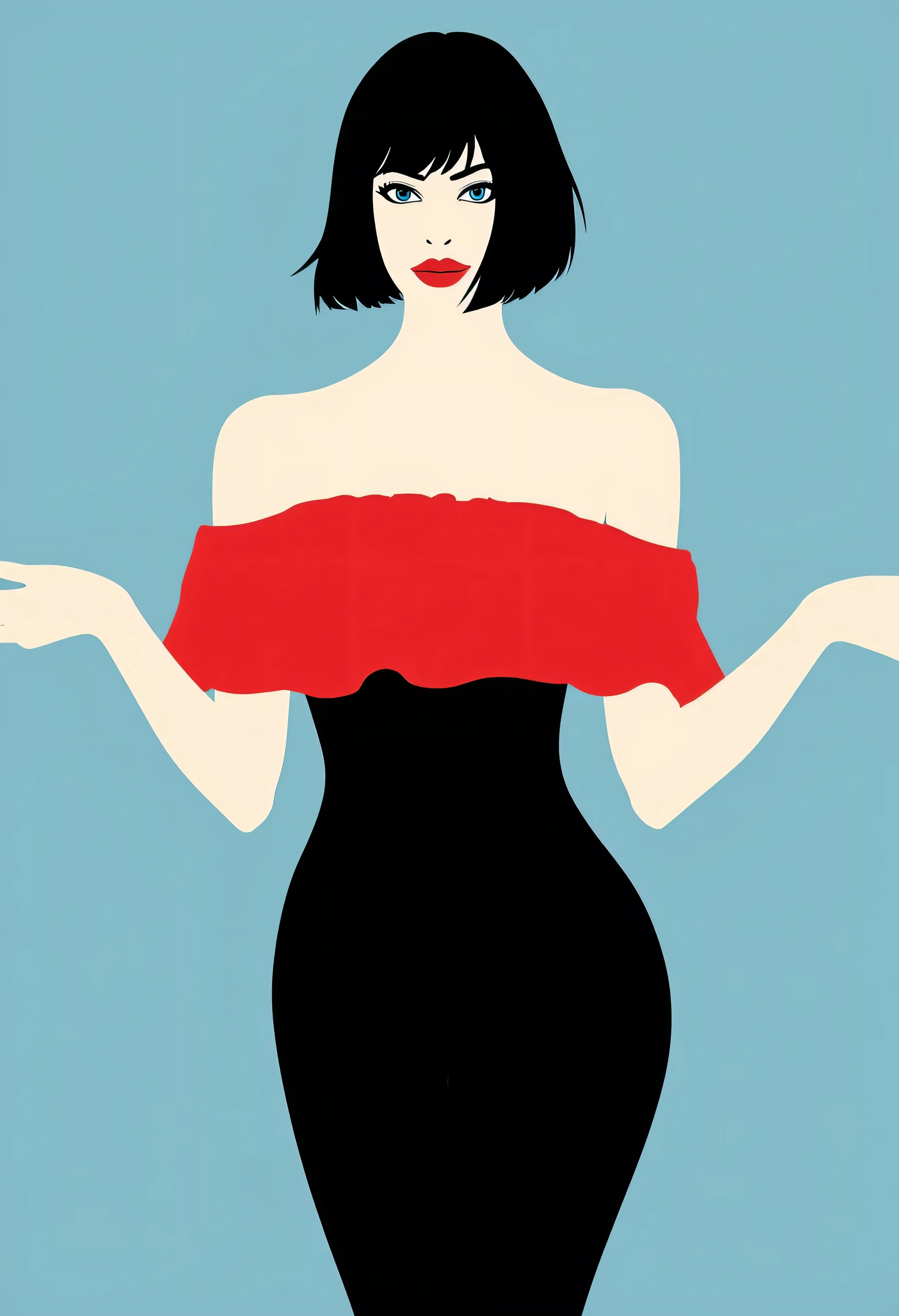 Aesthetically_Pleasant_Pose, 1Woman, Solo, Stencil, close up, A captivating simple Vector art of a black bob hair female wearing a stylish black jumpsuit. The jumpsuit features a red off-the-shoulder ruffle at the top, blue eyes, and a red lip, bare shoulders, blue background. Standing up, it’s a very minimalist simple vector illustration with minimal colors, upper body, looking at viewers, sexy smile, mouth closed, arms spread