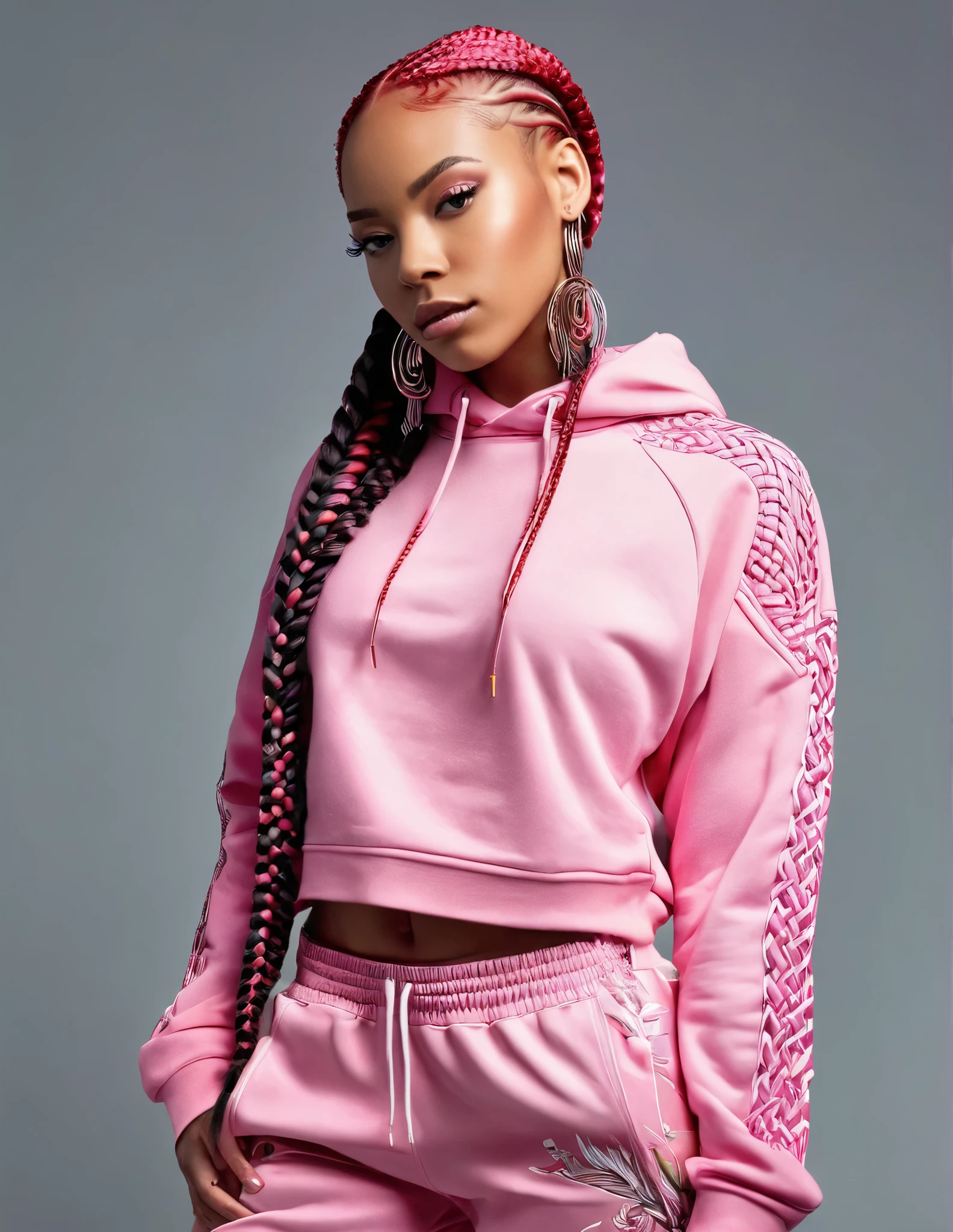 {(Sha'Carri Richardson usando (legging preto de couro), e uma (pink sweatshirt fleece hoodies), (sensual)athletic body, cintura fina, coxas musculosas}.