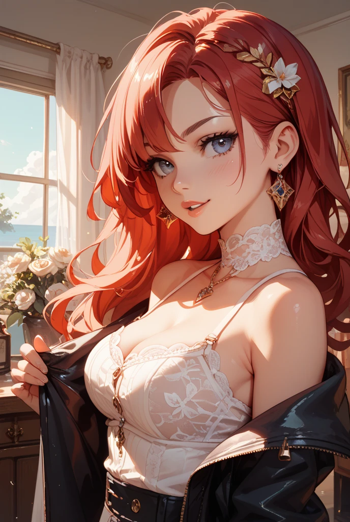 ((((超High resolution)))), ((((masterpiece)))), Super detailed, Attention to detail, high quality, ((((最high quality)))), (((High resolution))), ((((16K)))), Redhead, Hair that falls over the shoulders, Side-swept bangs, tiara, jewelry, surgical mask, Heart-shaped pupils, Close one eye, Sparkling eyes, big beautiful bright blue eyes, Crystal Earrings, Grin, Bright Eyes, Captivating smile, Red lips, A slight blush, Bring your cheeks together, Shine, God's Rays, Backlight, reflected light, bloom, Dutch Angle, perspective, From above,