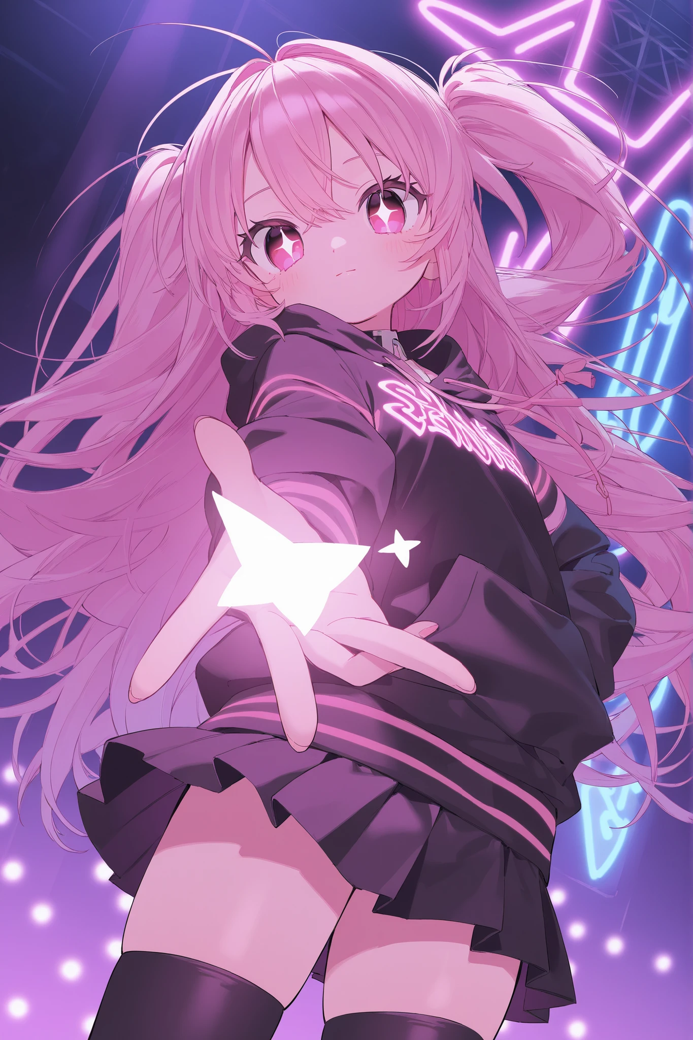 Highest Quality、8k、very detailed CG、DYNAMIC ANGLE、DYNAMIC ANGLE、cowboy shot with your arm through your sleeve、Nightclub with sparkling neon lights、standing、Beautiful sisters、 twins 、2 cute twin girls、Smiling and expressionless、cute accessory、hoodie、seduce me with cute poses、Highlight healthy thighs、very short pleated mini skirt、black thigh high stockings、Stylish and futuristic neon clothes、