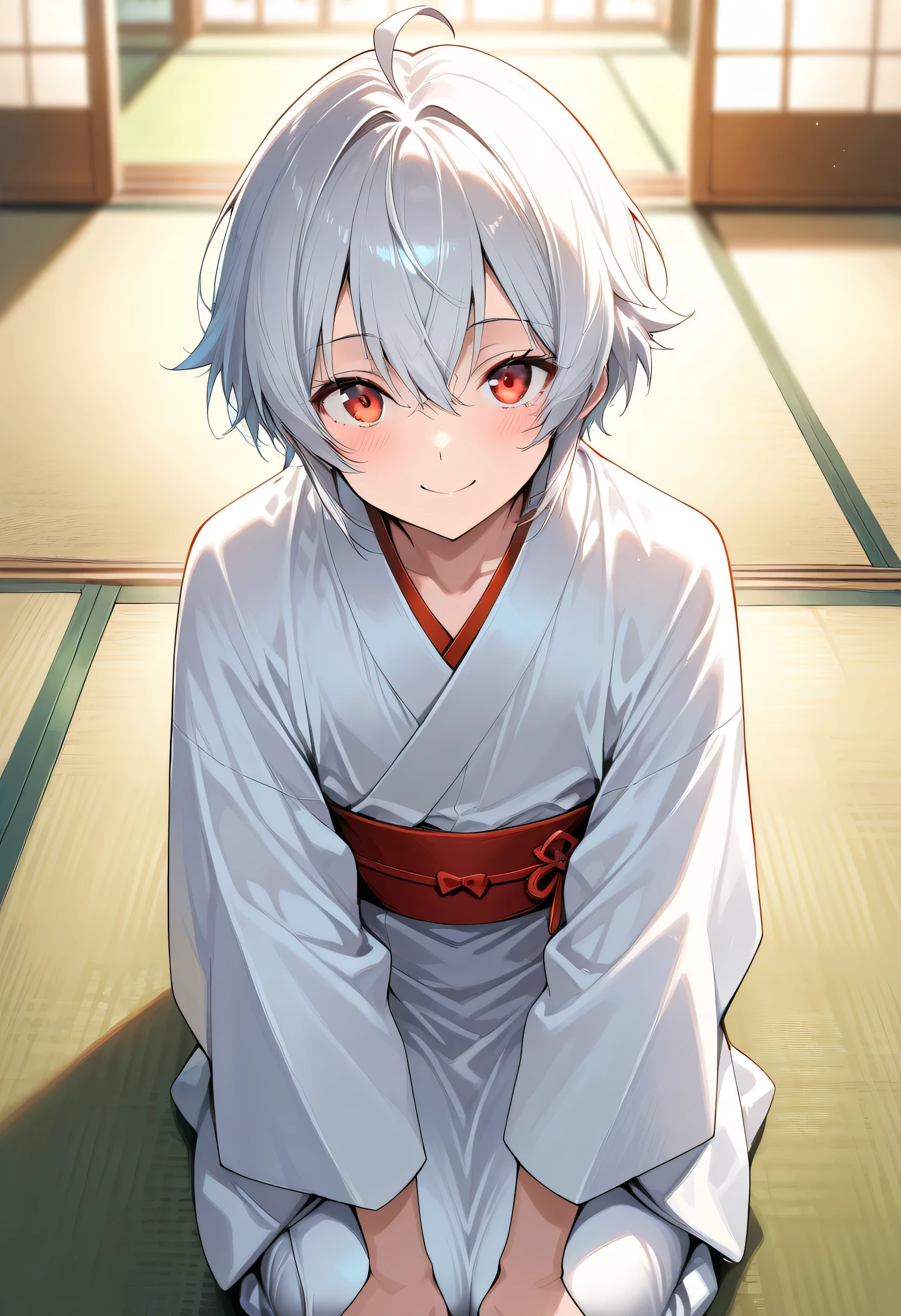 score_9, score_8_up, score_7_up, source_anime, masterpiece, solo, ((femboy)), ((feminine male)), ((Ahoge)), White very-short hair, red eyes,((white kimono)), kind smile, BREAK ((Japanese livingroom), tatami, seiza, looking at viewers,