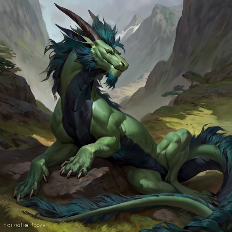 Muscular monster lizardfolk, comicbook style, resting in a lake, best quality, 4k, ultra-detailed, by laobai, by taran fiddler, by honovy