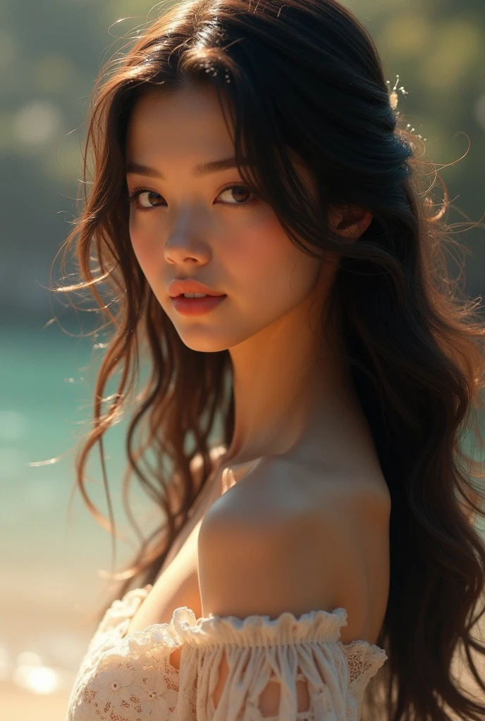 เหนือจริง,ความงามเซ็กซี่,A high-resolution, ultra-realistic photograph of a modern-dressed Thai woman with her hair blowing in the wind. The image should capture intricate details, highlighting her stylish outfit and natural beauty.