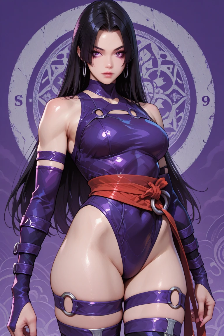 Raise your hands behind your head、night、(masterpiece、Highest quality、Very detailed、so beautiful、Full Body)、(((Pink dense fog effect:1.8)))、((A lot of pink steam:2.0)), Attractive woman、Slender figure、Angry expression、Sweating profusely、soaked、((Alluring female ninja、Purple Shinobi Costume:1.8))、(Thick lips、Thick eyebrows、Almond-colored eyes、Black Hair:1.8)、((Skin:1.4))、Chest wrap、Navy blue long scarf、(From below:1.2)、Japanese garden、(pubic tattoo、glowing tattoo:1.3)