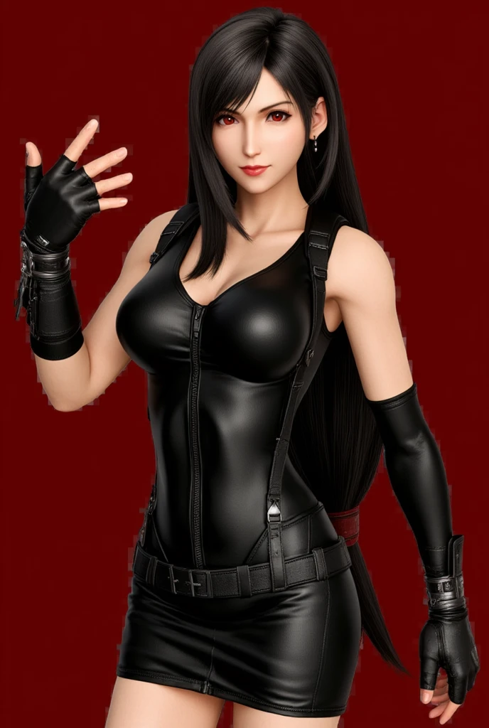 Make a hot female barbarian character, with attractive and discreet leather clothing, make her with sexy breasts a smooth skin, red eyes and beautiful black hair, make her with a leather shirt and leather pants