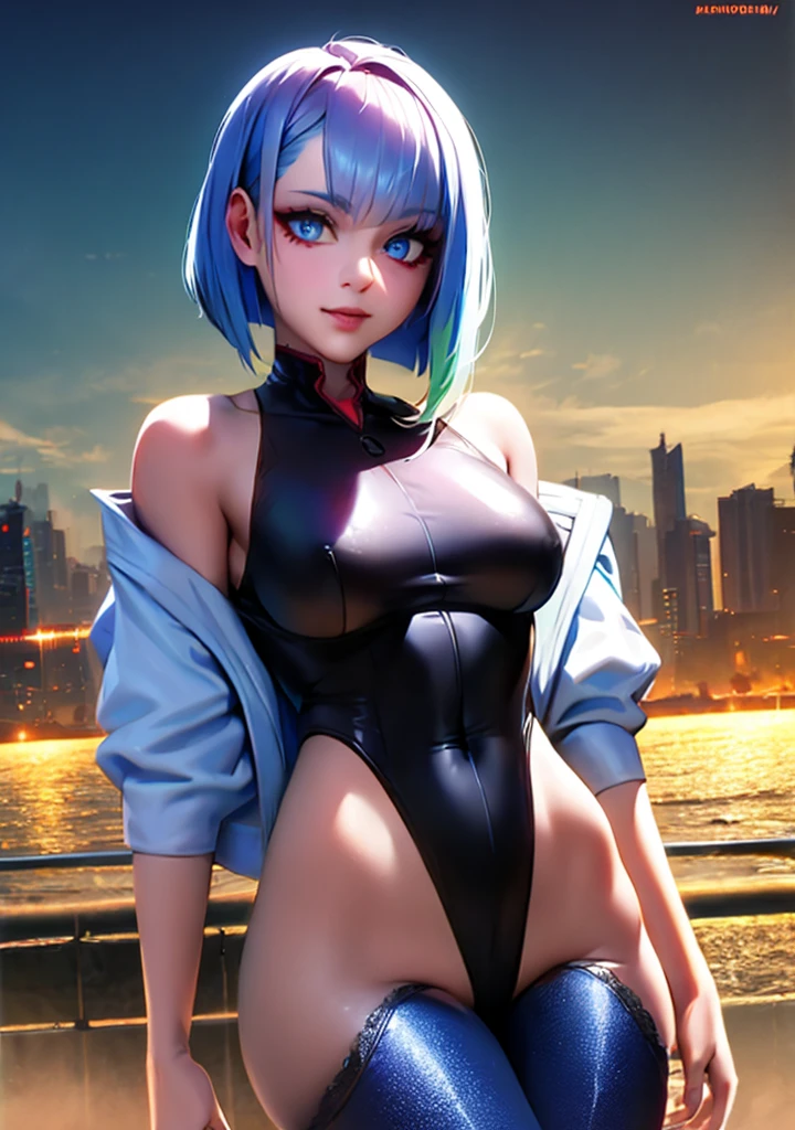 nsfw, masterpiece, hyperphotorealism, full body, woman with blue hair, rainbow eyes, tattoos everywhere, transparent hologram lace micro mini bikini, summer beach