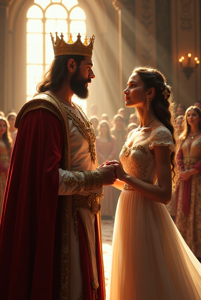 An handsome king in an sexy manner with his beautiful queen in his kingdom while the jealous ladies stood by