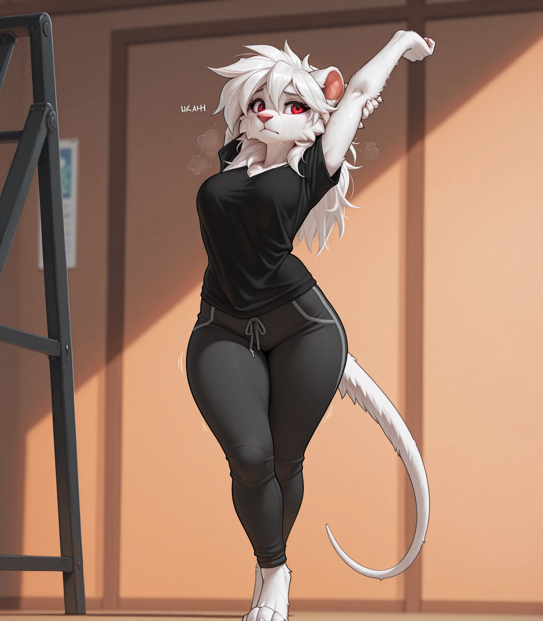 4k ultra quality, 4k full body view, masterpiece, best quality, anthro skaven with white fur, female, solo female, (smooth body), smooth body, messy white hair, sweat pants, loose black shirt, red eyes, curvy modest hips, (full body), stretching,