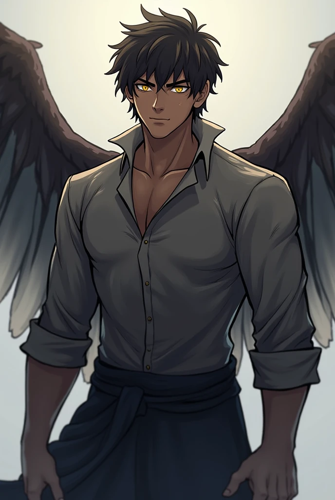 anime style, A grown man, brown skin tone, black hair with curls, His eyes are dark green, is in a semi-relaxed but alert posture. He stands with his torso slightly leaning forward.. He has one hand pointing at himself, His shirt is partially unbuttoned, giving a casual air., arrives some black pants, You can see some big black wings