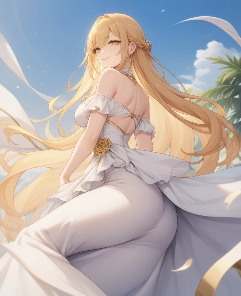 beautiful face, best quality, shiny skin, detailed skin, detailed face, detailed eyes, beautiful lady, (twist your waist), create an S-shaped body line, ((masterpiece)), ((best quality)), high quality, blonde hair, curly hair, long hair, hair over shoulder, crescent hair ornament, Narrow waist, intricately crafted dress, Guest House, Long skirt with slit, A seductive pose leaning against a pillar