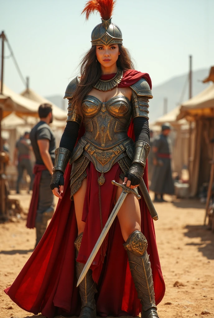 Create a full body image in 4K, that evokes a warrior princess . Dress her in armor that is both fierce and seductive, showing her strength and beauty in a medieval battle scene with a touch of fantasy elements.