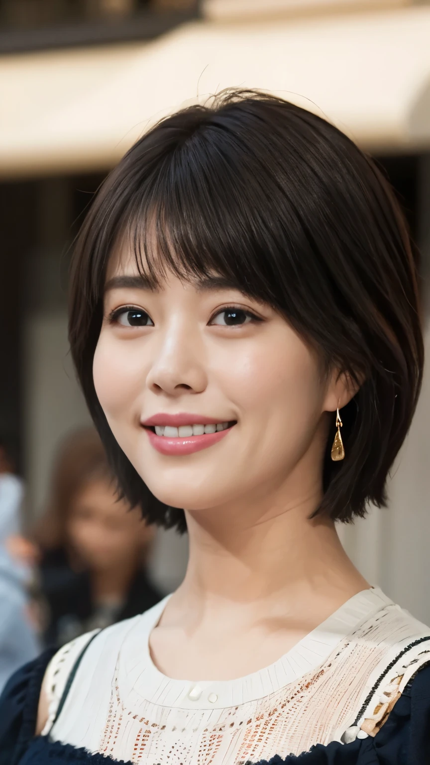 1 Female,Photorealistic,Highest quality,Ultra high definition,8K,Cool Beauty,Beauty,Perfect Style,Summer knitwear,清楚美人、耳にピアス、ネックレス、カメラ目線、薄い茶髪,Upper body close-up,smile,looking at the camera,Very Short Bob