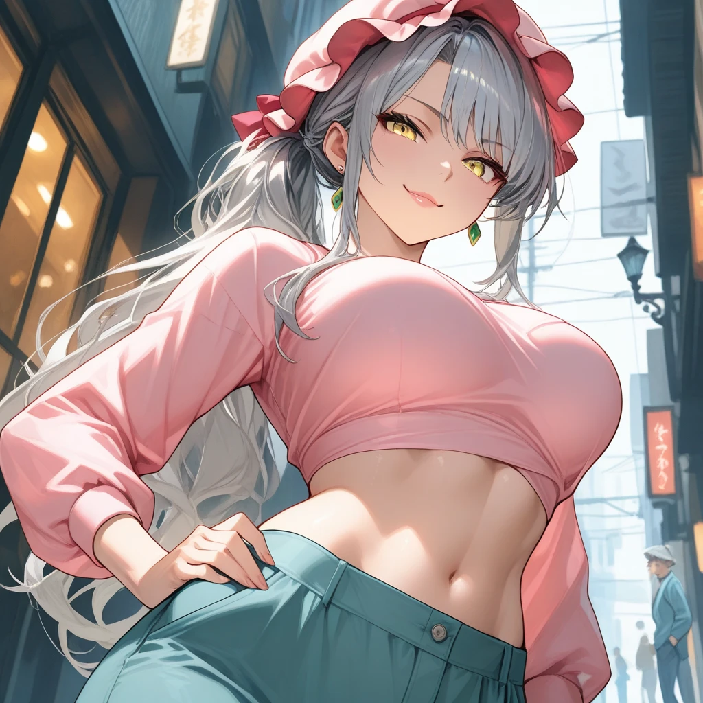 1girl, solo, standing, silver hair, twin tails, blunt bang, large breasts, pink shirt, cleavage, thick thighs, cowboy shot, annoyed, hair clips, outdoors, street view, cityscape, braids, hair ribbon, underboob, crop top, denim shorts