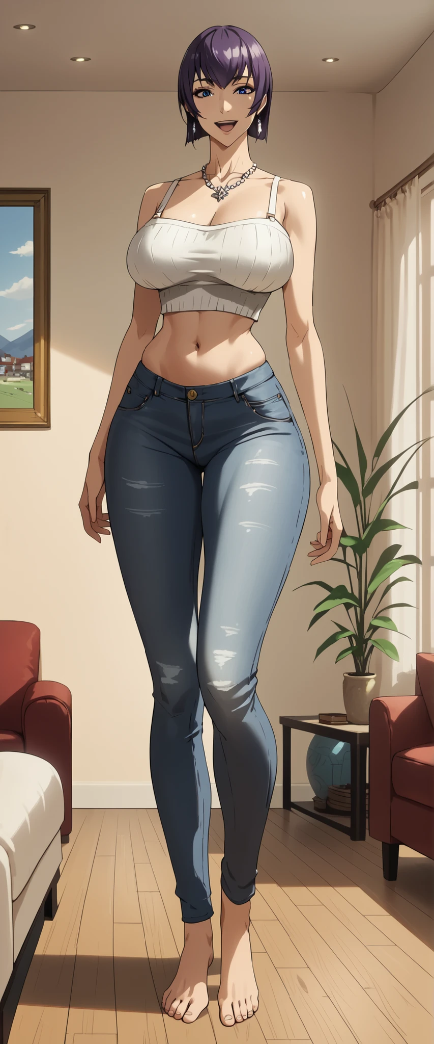 Saeko Busujima,
最high quality, masterpiece, Very detailed, high quality, high resolution, A girl, Mature woman, Purple Hair, blue eyes, earrings, beautiful, beautiful and perfect face, Smile, open mouth, View your audience, diamond necklace, sleeveless sweater, jean, collarbone, bare shoulders, Giant Breasts, belly button, Big Ass, Curved body, Throw, close up, From the front, whole body, foot, Standing, Lean forward, at home, at living room,