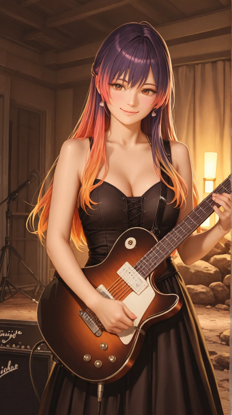 super high quality, 8k, RAW photo, realistic, hide your body with an electric guitar, beautiful sexy woman, forehead, hime cut, full makeup, red sexy thick lips, amorous expression, lewd expression, sitting, large breasts, slender, great proportion, background dark fantasy, scattered golden confetti, professional flare lighting