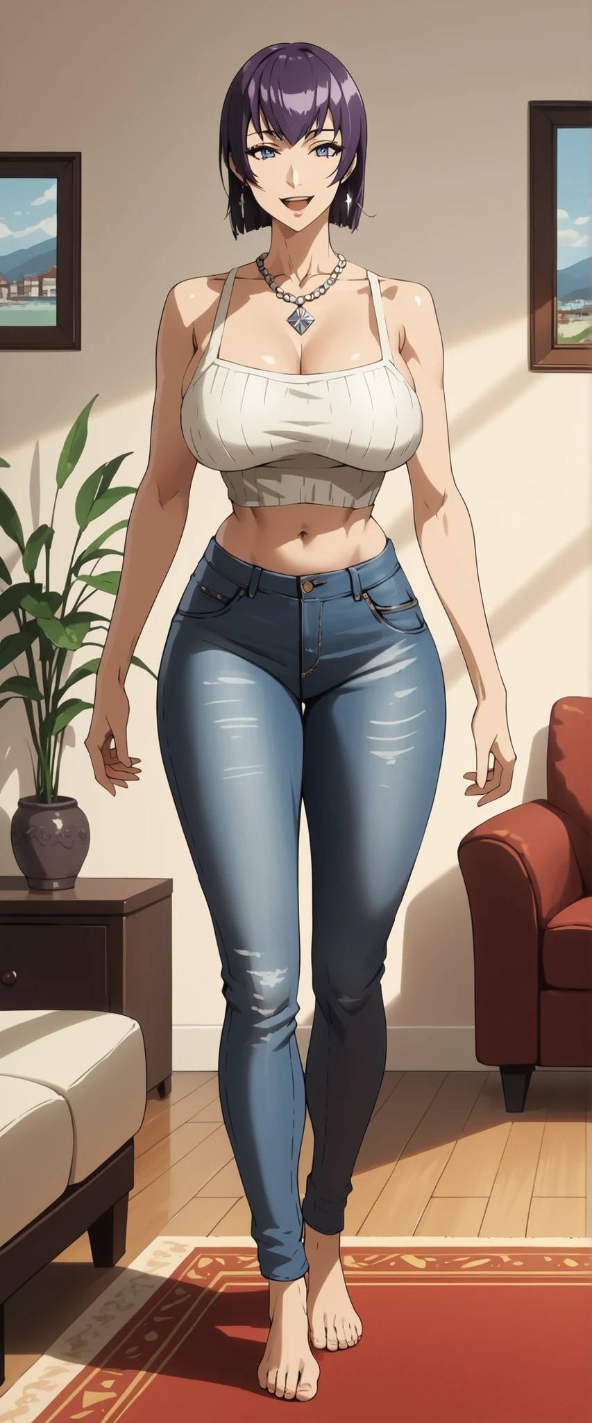Saeko Busujima,
最high quality, masterpiece, Very detailed, high quality, high resolution, A girl, Mature woman, Purple Hair, blue eyes, earrings, beautiful, beautiful and perfect face, Smile, open mouth, View your audience, diamond necklace, sleeveless sweater, jean, collarbone, bare shoulders, Giant Breasts, belly button, Big Ass, Curved body, Throw, close up, From the front, whole body, foot, Standing, Lean forward, at home, at living room,