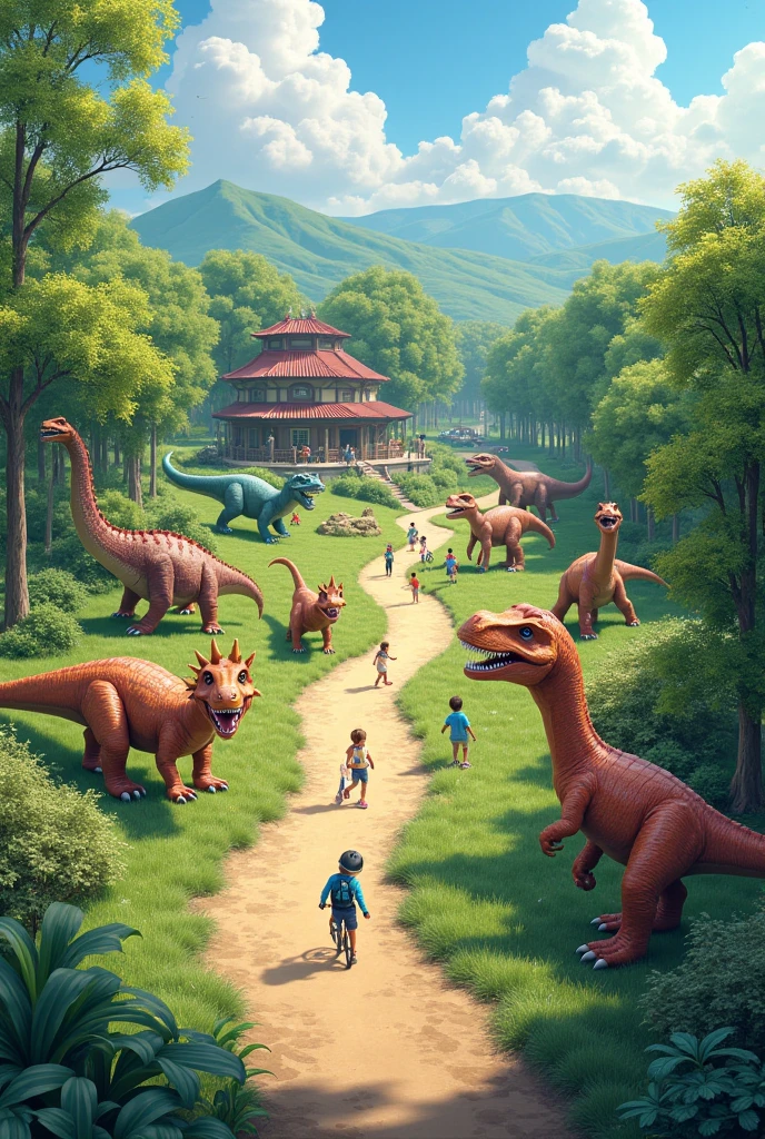 Photo dinosaurs kids at the wild friendship with huge