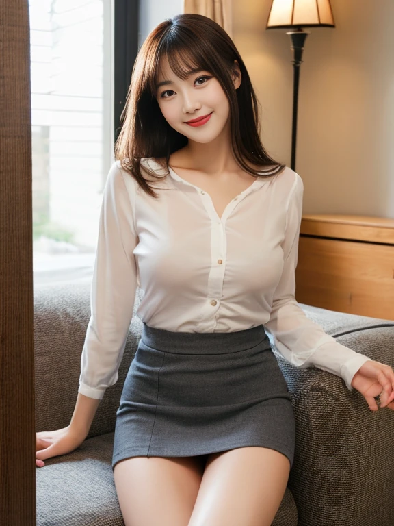 ulzzang-6500-v1.1, (Raw photo:1.2), (Photorealistic), (See-through:1.3), (masterpiece), (Genuine:1.4), Very detailed, Sharp focus, One beautiful woman, Updo, White Tight Button Shirt, Black tight skirt, (Ultra-realistic pantyhose), Sit on the floor with your feet together、Very detailed顔と肌の質感, ((Fine grain)), ((Beautiful Eyes:1.2)), Makeup、smile, bed