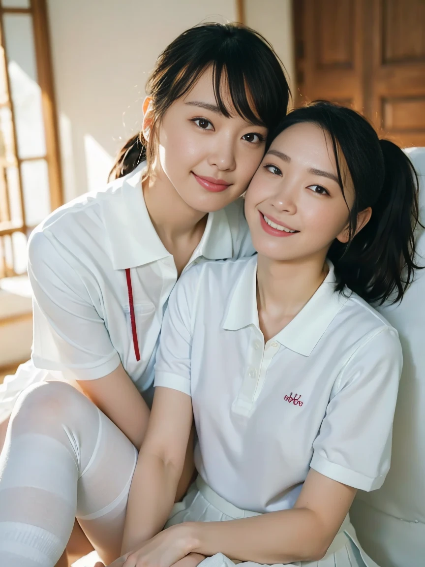(Masterpiece, Best quality:1.3), (Ultra realistic, Photo-realistic:1.2), Natural light, 28 years old actress, Japanese beautiful 2 women, Neat and clean, (White tennis uniform, White short-sleeve polo shirt with darknavy line collar:1.1), (unbutton:1.2), (White pleated skirt:1.1), (damaged:1.1), white sock, (ponytail:1.2), (Beautiful faces), Oval face, clear, Beautiful eyes, Kind eyes, Clear skin, Small face, Beautiful mouth, Small mouth, Natural makeup, Approachable, Seductive smile, (Seductive pose:1.2), Beautiful thighs, Bedroom eyes, Embarrassed, Blush, Luxury hotel Suite room, On bed, (nsfw:1.1), obscene reality of girls, (lesbian couple, petting together:1.2), looking at each other, grabbing crotch, erotic hug,