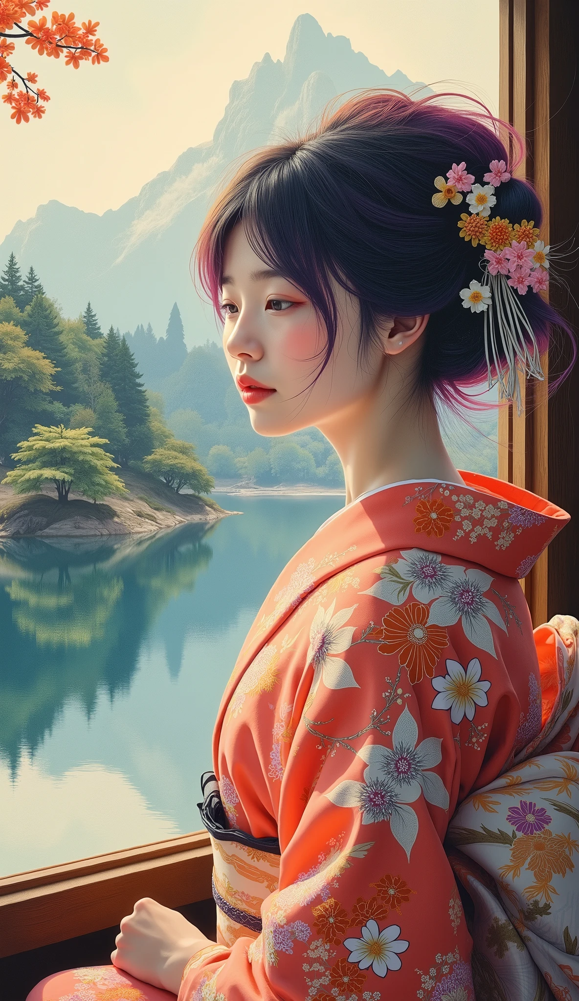 high resolution images 、 Oil ( 美しい 目 detailsなdetails、 detailsを見てください, multi-colored hair) 、Kimono that looks like a yukata 、 Woman looking at the lake outside the window 、 high resolution images 、 The Beauty of Kimonos 、 顔の details 、 masterpiece 、 Highest quality ukiyo-e 、 details、high resolution images 美しさ 。