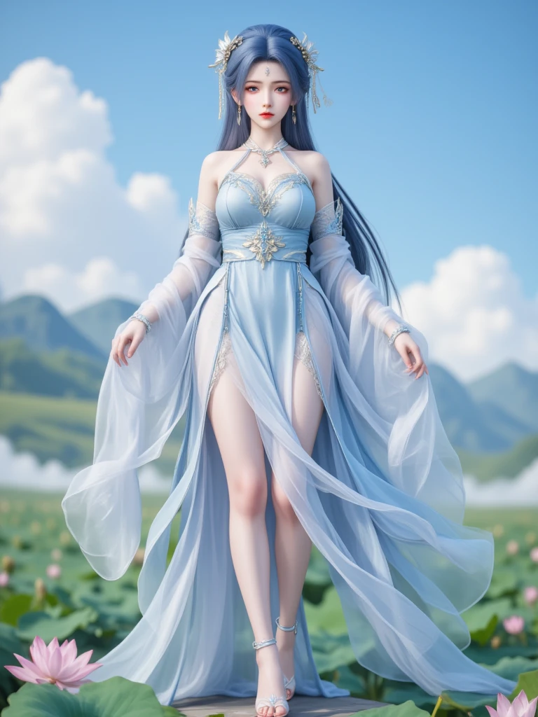 Masterpiece, highest quality, solo, (perfect face: 1.1), (high detail: 1.1), dramatic, dynamic pose, 1girl, breasts, blonde hair, bright blue eyes, solo, cleavage, delicate and characteristic pretty face, long hair, curved, small breasts, hanfu, thighs, intricate patterns, bare shoulders, slender and tall figure, pink lips, she is like a fairy in the mortal world, elegant and elegant. Her dress was made of silk and dyed a soft pink color to match the glow of the sky. The dress has intricate embroidery of flowers and birds, showing her elegant taste and noble status. She wore a jade-colored hairpin on her long black hair, which fluttered behind her as she ran. Her face is delicate and flawless, with bright eyes and rosy lips. She smiled and enjoyed the freedom and beauty of nature. The fields are covered with green grass and colorful wildflowers that sway in the breeze. The sun sets behind the mountains, casting a warm glow on the entire scene. She looks like a painting, a dream, a poem.