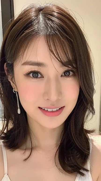 Selfie, long hair, cute woman in her 30s, Japanese woman, F cup, white sweater, cleavage, bangs, eyes slightly separated, chubby body, amateurish look, housewife