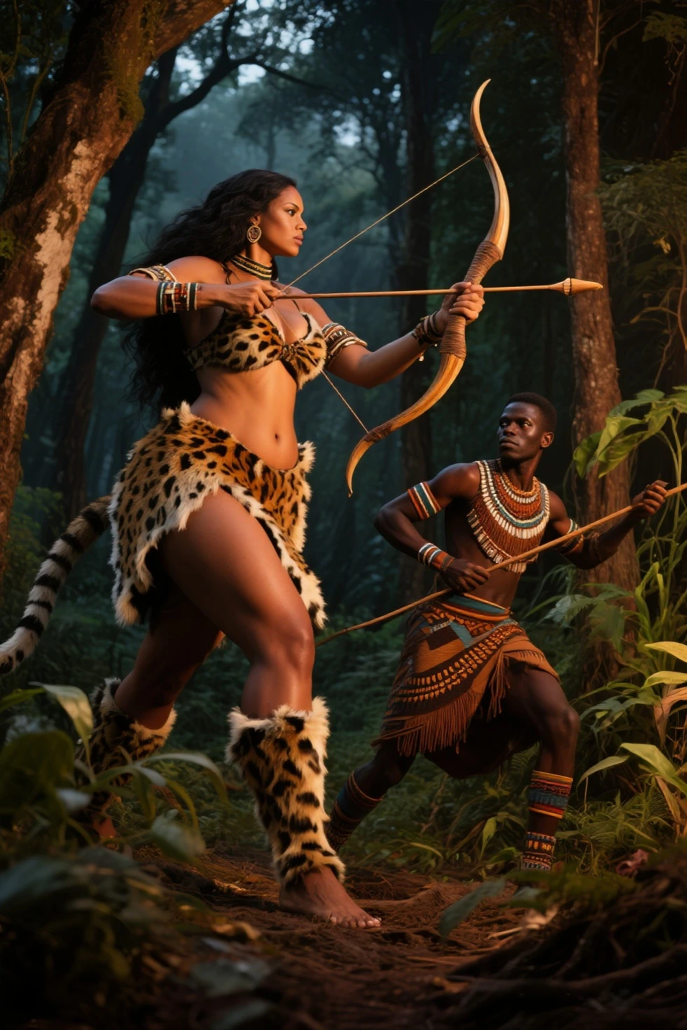 The image shows a full-figured, voluptuous black woman riding atop a large sabertooth tiger in an African swampland scene.
The woman has dark brown skin and full curves, with wide hips and a large bosom. She sits confidently on the back of the massive sabertooth, grasping its fur with one hand while the other rests casually on her thigh.
The sabertooth is mid-stride, with its muscular feline limbs propelling it powerfully through the swampy landscape. The tiger's face is framed by long, curved fangs, though its ears are relaxed as it carries its rider through the territory.
In the background, the lush green of an African swamp extends as far as the eye can see. Lilypads, hanging vines, tropical flowers and palm trees create a humid, wild setting as the sabertooth tiger trods through the marshy earth and pools of water.
The woman wears a simple brown bandeau top and loincloth, with bracelets on her wrists and upper arms. Her posture is strong and composed, showing no fear riding the prehistoric beast. She looks focused amidst the primeval African swamplands, as though the dangerous environment is simply part of her daily life.
Overall, the scene depicts the thick black woman and her sabertooth mount blending into the tropical swamp surroundings, creating an image of beauty, strength and confidence.